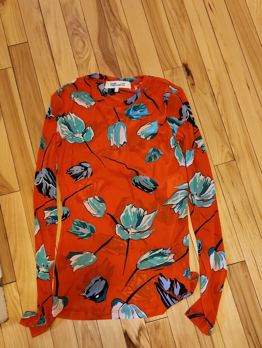 Diane Von Furstenberg Orange Floral Long-Sleeve Mesh Tee with Teal Accents